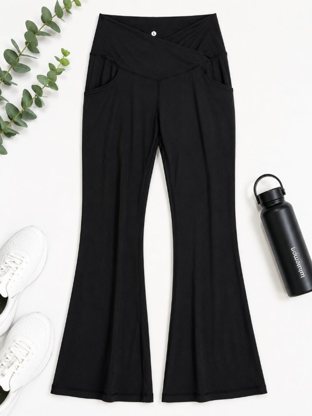 Boerfmian Women’s Large Black Crossover Waist Flare Leggings with Pockets